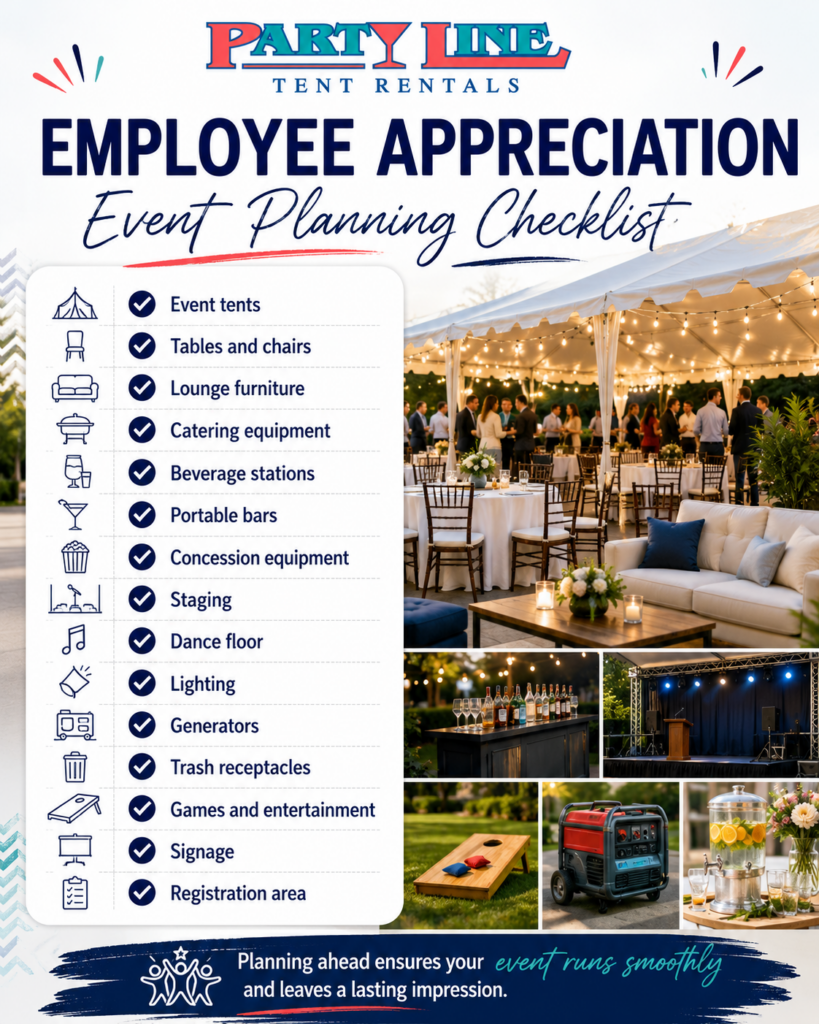 Employees enjoying a corporate appreciation event under elegant event tents with banquet seating, lounge furniture, catering stations, and outdoor entertainment provided by Party Line Rentals.