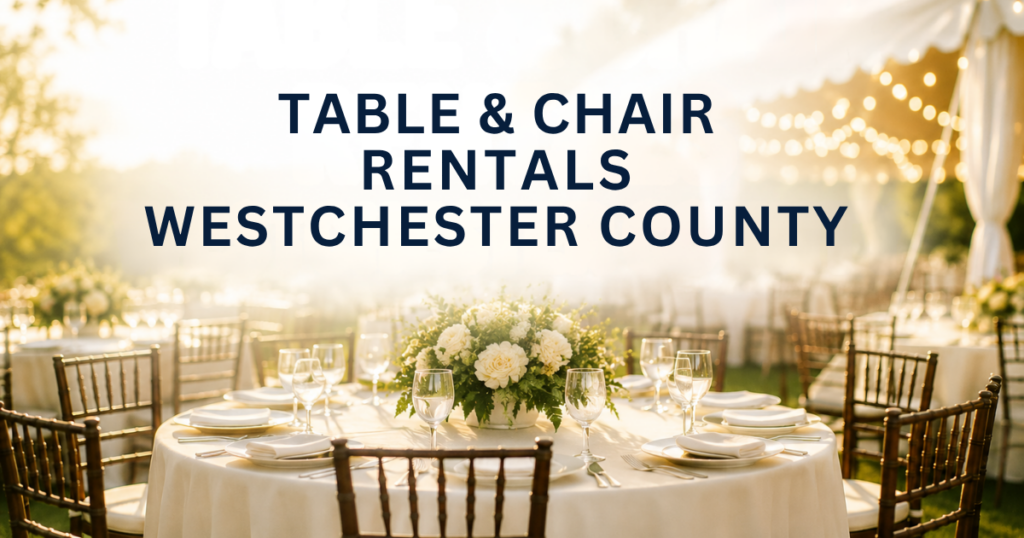 Tables and chairs arranged for an outdoor event in Westchester County, NY